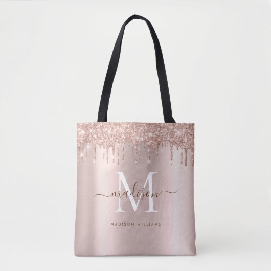 Moderne Elegant Roos Gold Glitter Monogram Script Draagtas (Voorkant)