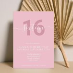 Moderne Elégant rose 16e anniversaire Invitation<br><div class="desc">Invitation moderne féminine rose 16e anniversaire. Conception minimaliste de modèle d'invitation de 16e anniversaire avec élégante calligraphie écriture manuscrite.</div>