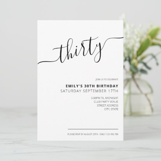 Moderne Elegant Script 30th Birthday Uitnodiging (Staand voorkant)