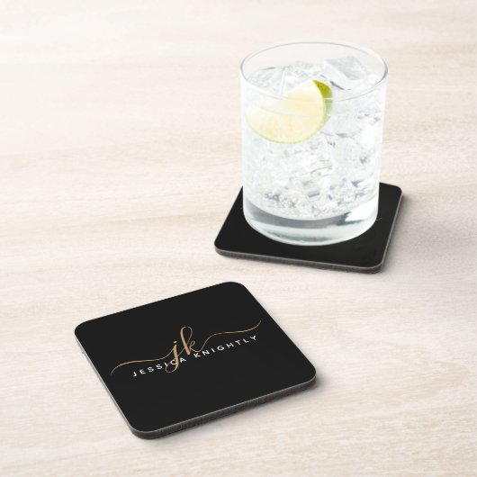 Moderne Elegant Script Monogram Initiaal Black Gol Bier Onderzetter (Rechterzijde)
