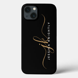 Moderne Elegant Script Monogram Initiaal Black Gol iPhone 13 Hoesje