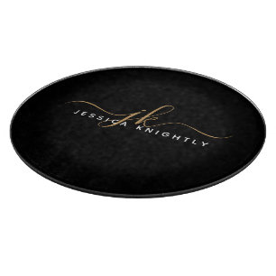 Moderne Elegant Script Monogram Initiaal Black Gol Snijplank