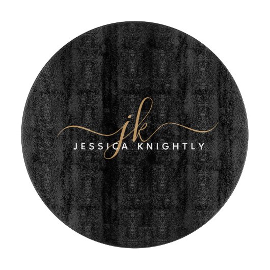 Moderne Elegant Script Monogram Initiaal Black Gol Snijplank (Voorkant)
