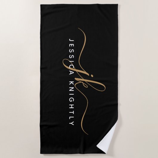 Moderne Elegant Script Monogram Initiaal Black Gol Strandlaken (Voorkant)