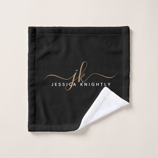 Moderne Elegant Script Monogram Initiaal Black Gol Washandje (Wasdoekje)