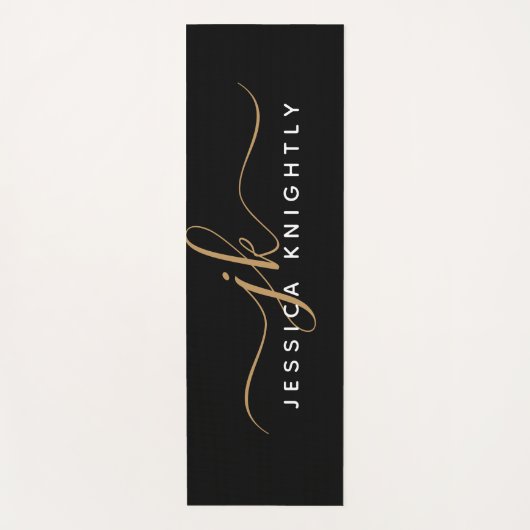 Moderne Elegant Script Monogram Initiaal Black Gol Yogamat (Voorkant)