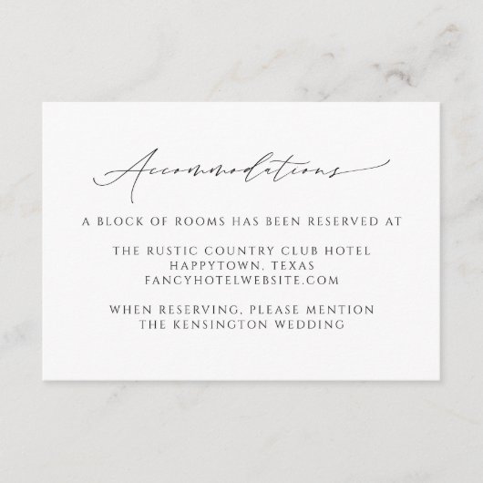 Moderne Elegant Script Wedding Accommodations Informatiekaartje (Voorkant)