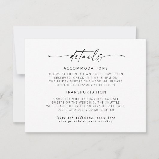 Moderne Elegant Script Wedding Details Note Kaart Notitiekaartje (Voorkant)