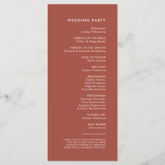 Moderne elegant verbrande brick bruiloft programma (Achterkant)