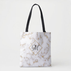 Moderne Elegant White Gold Marble Monogram Canvas Draagtas