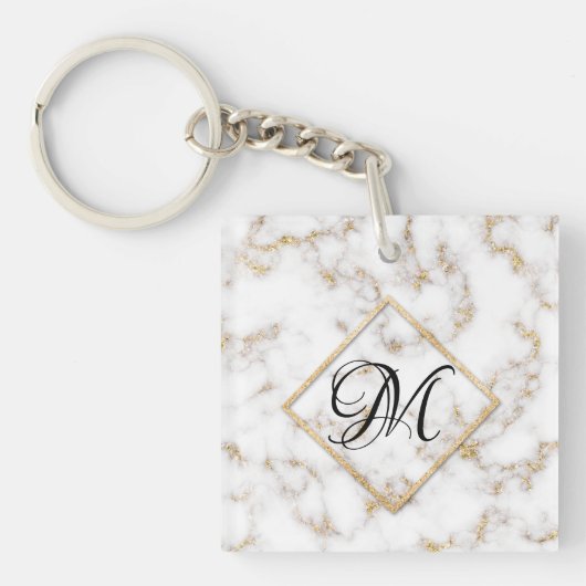 Moderne Elegant White Gold Marble Monogram Sleutel Sleutelhanger (Voorkant)