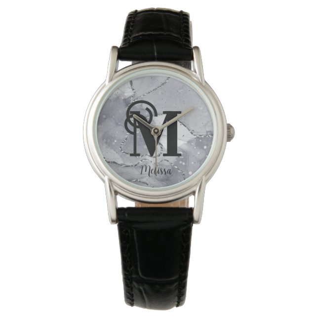 Moderne Elegant Zilver en Zwart Monogram Naam Horloge (Voorkant)