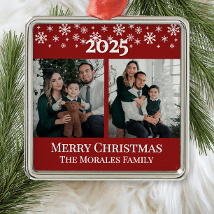 Moderne Elegante 2 Foto Rode Gezinsherinnering Metalen Ornament