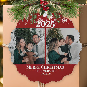 Moderne Elegante 2 Foto Rode Gezinsherinnering Ornament Kaart