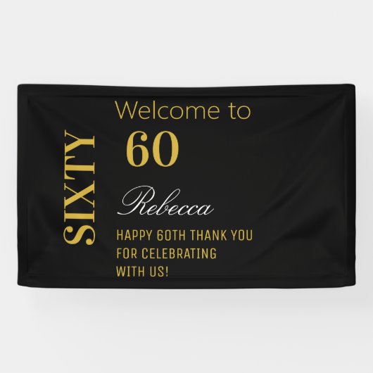 Moderne Elegante 60e Verjaardagsfeestje Zwart en G Spandoek (Horizontaal)