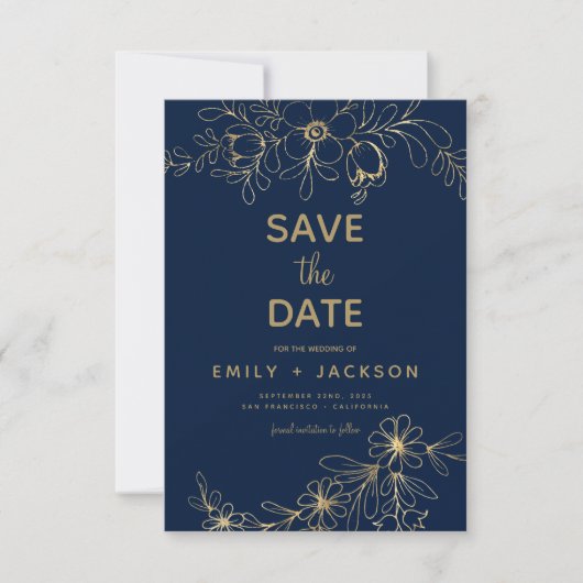 Moderne Elegante Bewaar de Datum Navy Blauwe Goude Save The Date (Voorkant)