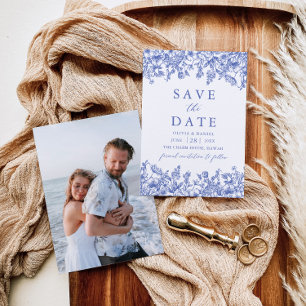 Moderne Elegante Blauwe Bloemenfoto Save the Date Kaart
