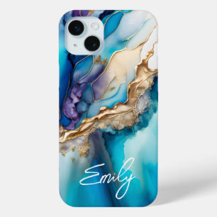 Moderne Elegante Blauwe Gouden Marmeren Gepersonal iPhone 15 Mini Hoesje