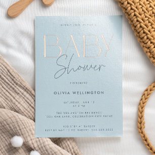 Moderne Elegante Blauwe Script Baby Shower Goud Folie Uitnodiging