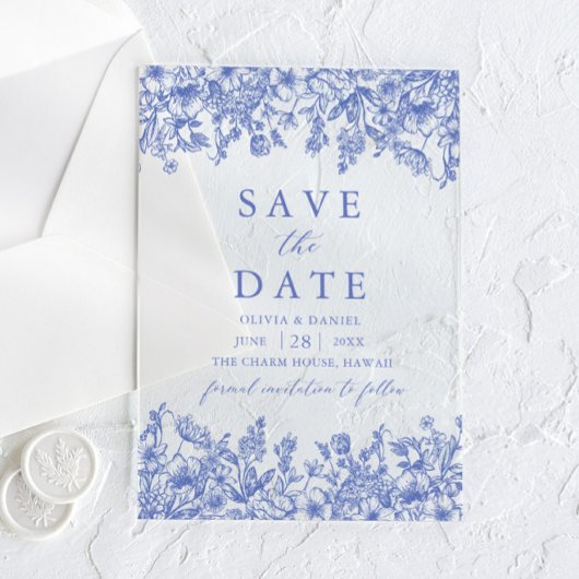 Moderne Elegante Blauwe Vintage Bloemen Save the D Acryl Uitnodigingen