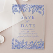 Moderne Elegante Blauwe Vintage Bloemen Save the D Acryl Uitnodigingen