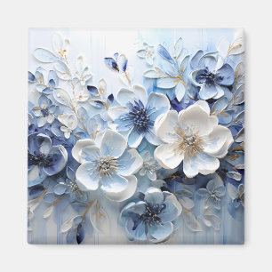 Moderne Elegante Blauwe Witte Botanische Bloem Magneet