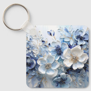 Moderne Elegante Blauwe Witte Botanische Bloem Sleutelhanger