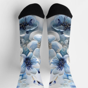 Moderne Elegante Blauwe Witte Botanische Bloem Sokken