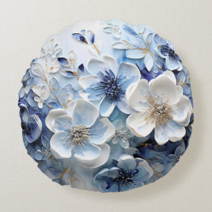 Moderne Elegante Blauwe Witte Botanische Bloemstuk Rond Kussen