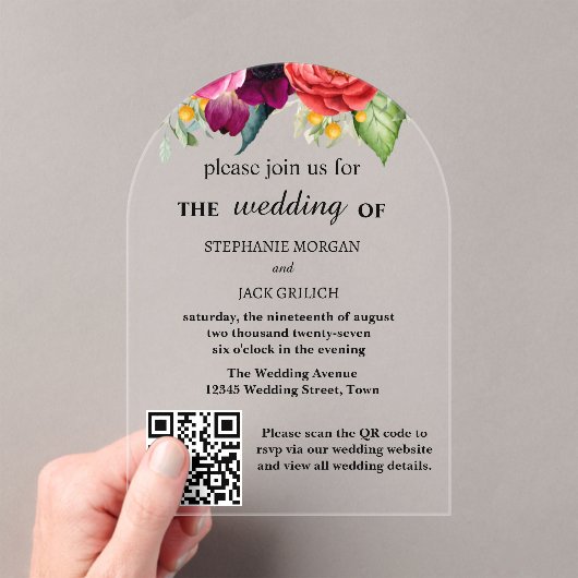 Moderne Elegante Bloemen QR Code Budget Huwelijk Acryl Uitnodigingen (Insitu (Draagbaar))