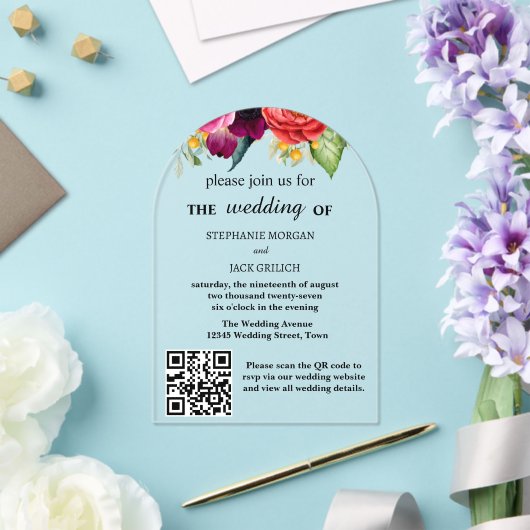 Moderne Elegante Bloemen QR Code Budget Huwelijk Acryl Uitnodigingen (Insitu (Huwelijk))