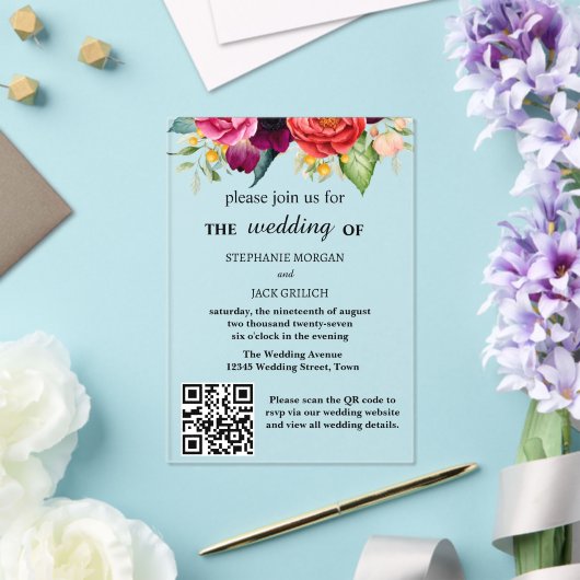 Moderne Elegante Bloemen QR Code Budget Huwelijk Acryl Uitnodigingen (Insitu (Huwelijk))