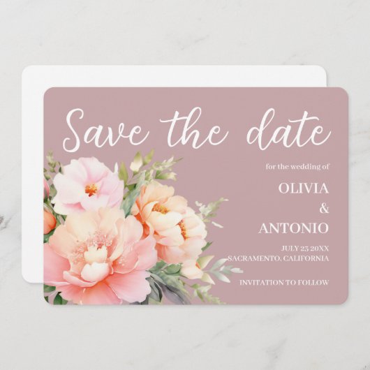 Moderne Elegante Bloemige Waterverf Pioen Roze St Save The Date (Voorkant / Achterkant)