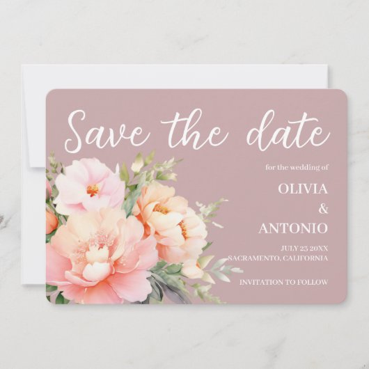 Moderne Elegante Bloemige Waterverf Pioen Roze St Save The Date (Voorkant)