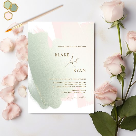 Moderne, elegante Blush Pink en Sage Wedding Kaart
