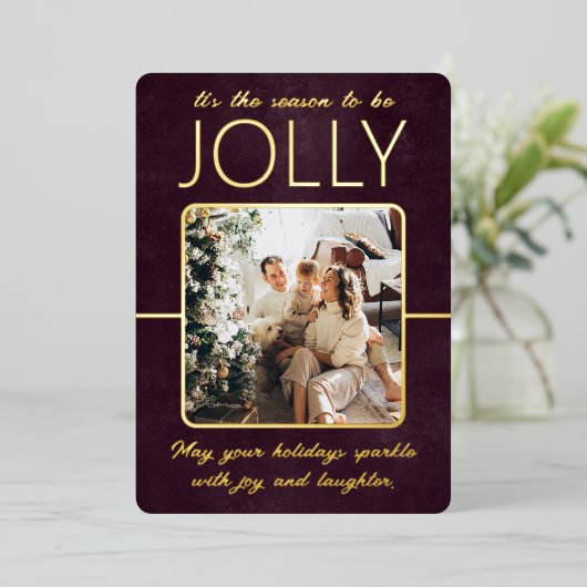 Moderne Elegante Bordo Foto Persoonlijke Kerstmis Folie Feestdagenkaart (Staand Voorkant)