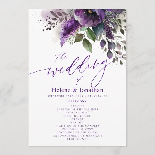 Moderne Elegante Botanische Waterverf Bloemenbruil Programma (Voorkant)