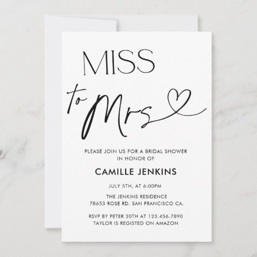 Moderne Elegante Bruidsfeest Miss To Mrs Kaart (Voorkant)