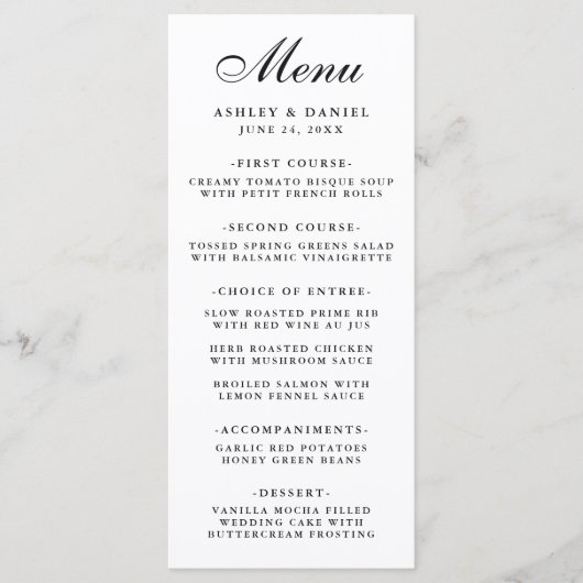 Moderne Elegante Bruiloft Zwart & Wit Menu (Voorkant)
