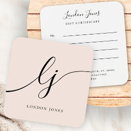 Moderne elegante Chic Blush Pink Gift Certificaat Vierkante Visitekaartjes