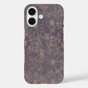 Moderne elegante donker lavendel chic gouden bloem iPhone 16 hoesje