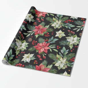 Moderne Elegante Donkere Bloemen Kerstmis Cadeaupapier