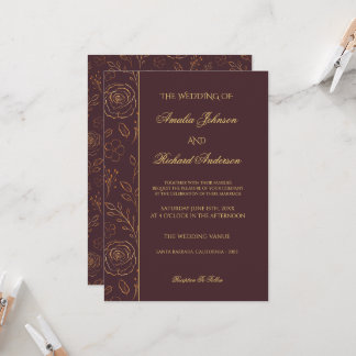Moderne Elegante Donkerrode Gouden Bloemige Bruilo Kaart