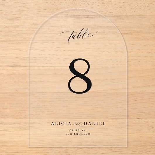 Moderne elegante eenvoudige zwarte script boog bru acryl uitnodigingen (Voorkant)