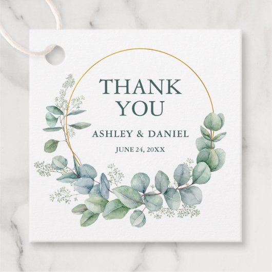 Moderne Elegante Eucalyptus Goud Dank u Bruiloft Bedankjes Labels (Voorkant)