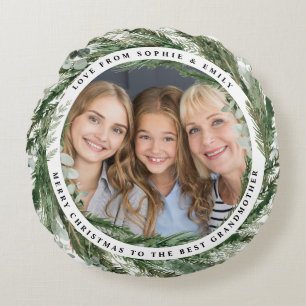 moderne elegante eucalyptus kerst foto familie rond kussen