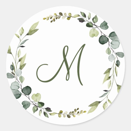 Moderne Elegante Eucalyptus Krans MONOGRAM Boho Ronde Sticker (Voorkant)