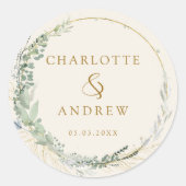 Moderne, elegante eucalyptusbruiloft ronde sticker (Voorkant)