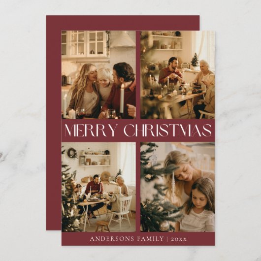 Moderne Elegante Familiefoto Rood Minimal Christma Feestdagenkaart (Voorkant / Achterkant)