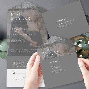 Moderne elegante foto overlay bruiloft RSVP All In One Uitnodiging